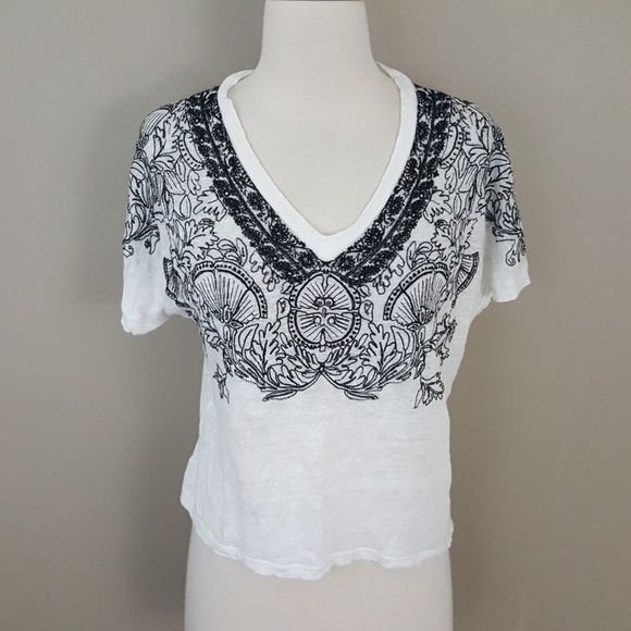 Maje Tops - MAJE White Black Embroidered Linen Crop Top 1 S